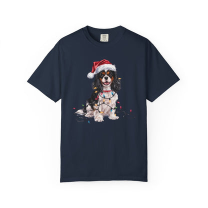 Tri-Color Cavalier King Charles Spaniel Christmas T-Shirt, Festive Dog Lover Holiday Gift, Santa Hat Dog Tee, Cute Cavalier Art