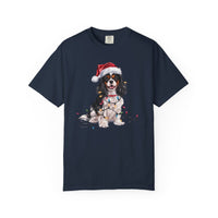 Load image into Gallery viewer, Tri-Color Cavalier King Charles Spaniel Christmas T-Shirt, Festive Dog Lover Holiday Gift, Santa Hat Dog Tee, Cute Cavalier Art
