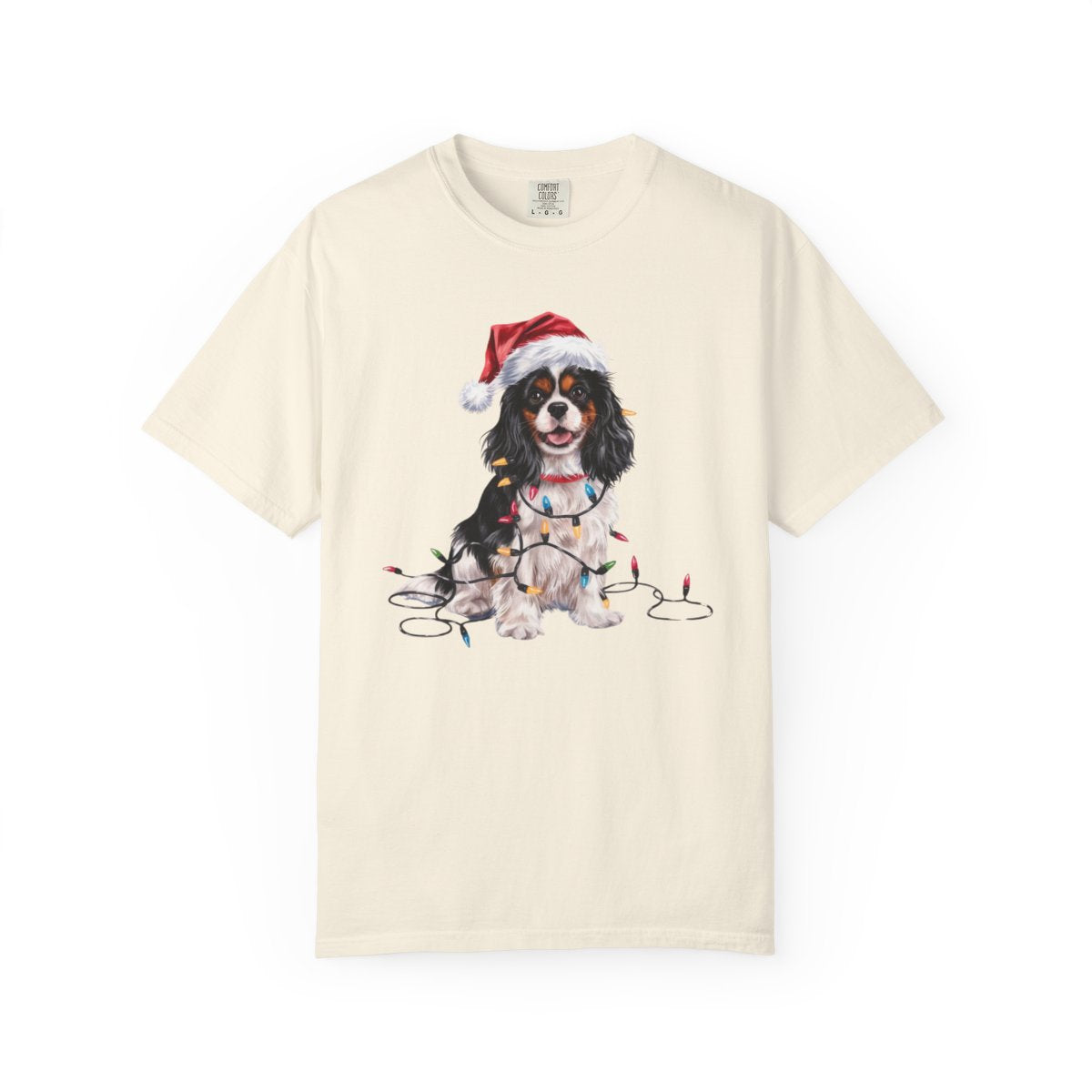 Tri-Color Cavalier King Charles Spaniel Christmas T-Shirt, Festive Dog Lover Holiday Gift, Santa Hat Dog Tee, Cute Cavalier Art