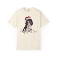 Load image into Gallery viewer, Tri-Color Cavalier King Charles Spaniel Christmas T-Shirt, Festive Dog Lover Holiday Gift, Santa Hat Dog Tee, Cute Cavalier Art
