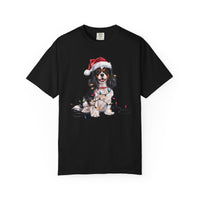 Load image into Gallery viewer, Tri-Color Cavalier King Charles Spaniel Christmas T-Shirt, Festive Dog Lover Holiday Gift, Santa Hat Dog Tee, Cute Cavalier Art
