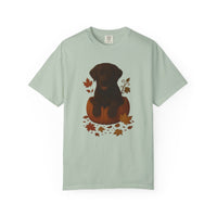 Load image into Gallery viewer, Chocolate Lab in Pumpkin Fall Dog Shirt, Autumn Labrador Tee for Dog Moms &amp; Pet Lovers
