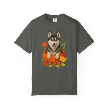Husky Pumpkin Shirt, Cute Fall Dog Lover Tee with Siberian Husky and Autumn Leaves
