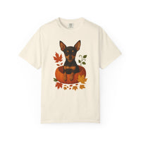 Load image into Gallery viewer, Black and Tan Chihuahua in Pumpkin Fall Shirt, Cute Autumn Dog Tee for Chihuahua Lovers
