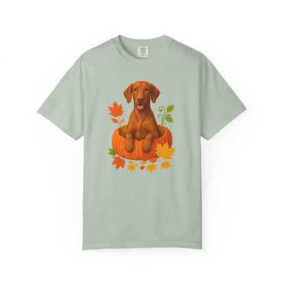 Vizsla Pumpkin Shirt, Cute Fall Dog Lover Tee with Vizsla and Autumn Leaves