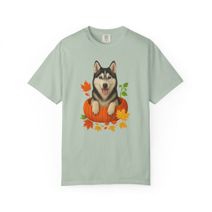 Husky Pumpkin Shirt, Cute Fall Dog Lover Tee with Siberian Husky and Autumn Leaves