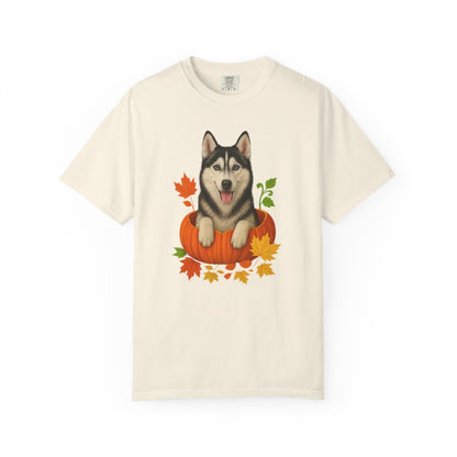 Husky Pumpkin Shirt, Cute Fall Dog Lover Tee with Siberian Husky and Autumn Leaves