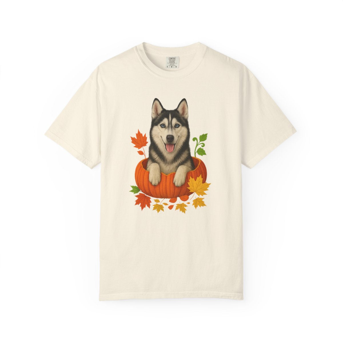 Husky Pumpkin Shirt, Cute Fall Dog Lover Tee with Siberian Husky and Autumn Leaves