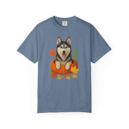 Husky Pumpkin Shirt, Cute Fall Dog Lover Tee with Siberian Husky and Autumn Leaves