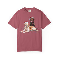 Load image into Gallery viewer, Yellow and Chocolate Labrador Christmas Shirt, Dog Santa Hat Tee, Festive Holiday Dog Art, Labrador Retriever Gift
