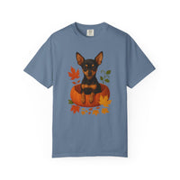 Load image into Gallery viewer, Black and Tan Chihuahua in Pumpkin Fall Shirt, Cute Autumn Dog Tee for Chihuahua Lovers
