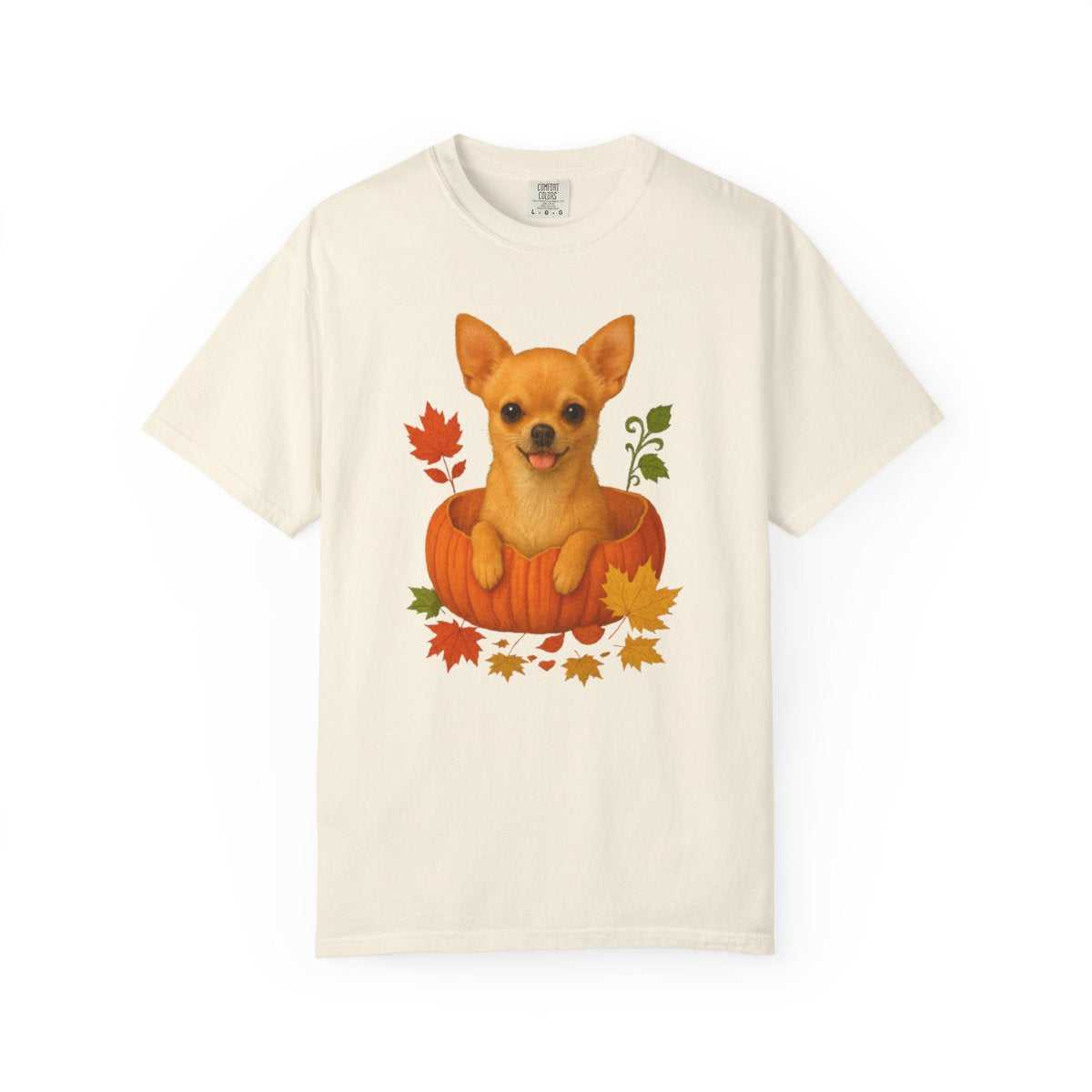 Tan Chihuahua in Pumpkin Fall Shirt, Cute Autumn Dog Tee for Chihuahua Moms