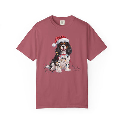 Tri-Color Cavalier King Charles Spaniel Christmas T-Shirt, Festive Dog Lover Holiday Gift, Santa Hat Dog Tee, Cute Cavalier Art