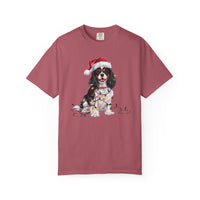 Load image into Gallery viewer, Tri-Color Cavalier King Charles Spaniel Christmas T-Shirt, Festive Dog Lover Holiday Gift, Santa Hat Dog Tee, Cute Cavalier Art
