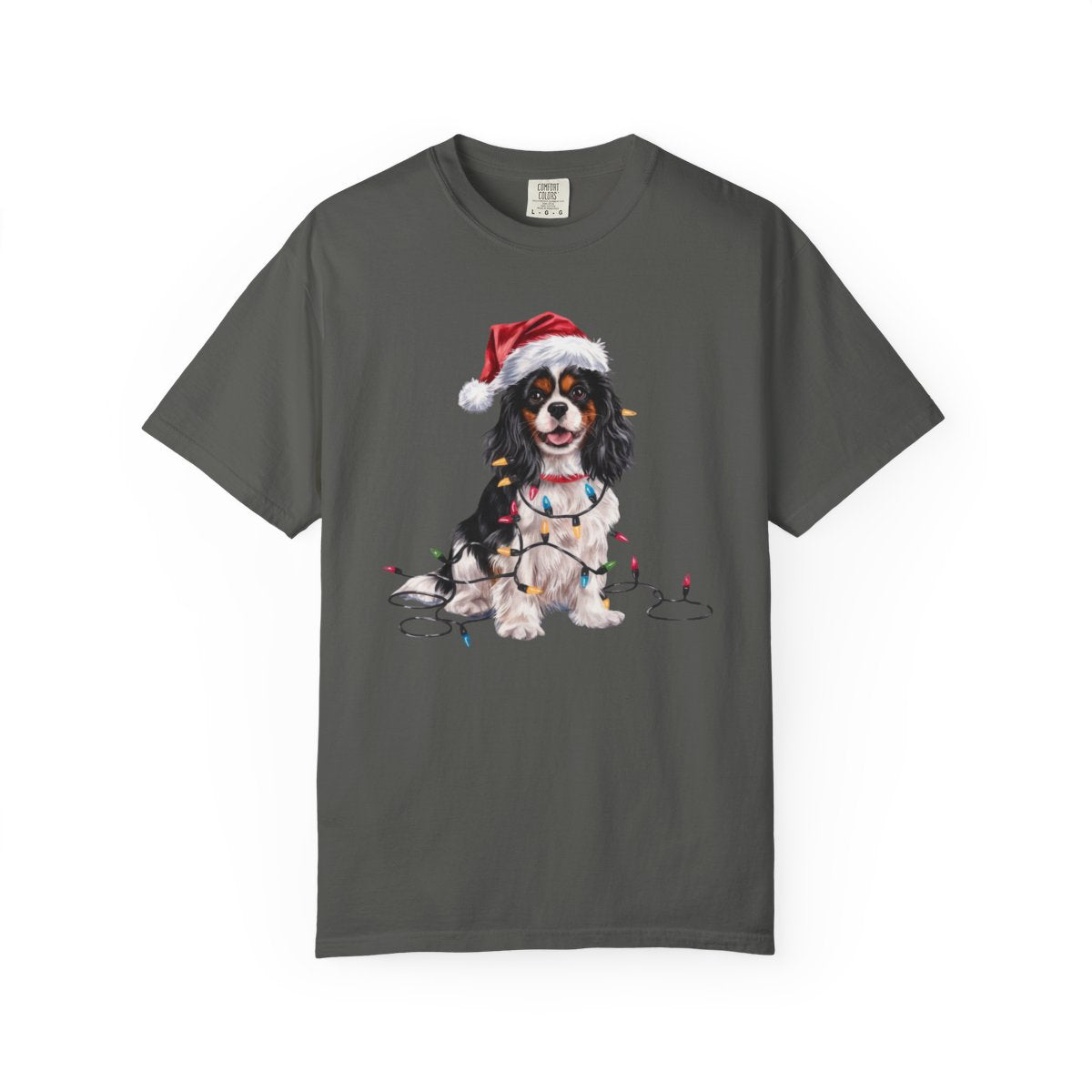 Tri-Color Cavalier King Charles Spaniel Christmas T-Shirt, Festive Dog Lover Holiday Gift, Santa Hat Dog Tee, Cute Cavalier Art