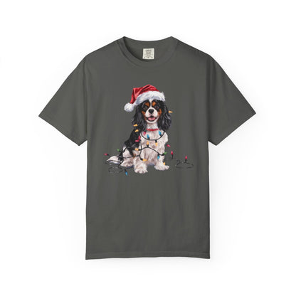 Tri-Color Cavalier King Charles Spaniel Christmas T-Shirt, Festive Dog Lover Holiday Gift, Santa Hat Dog Tee, Cute Cavalier Art