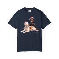 Load image into Gallery viewer, Yellow and Chocolate Labrador Christmas Shirt, Dog Santa Hat Tee, Festive Holiday Dog Art, Labrador Retriever Gift
