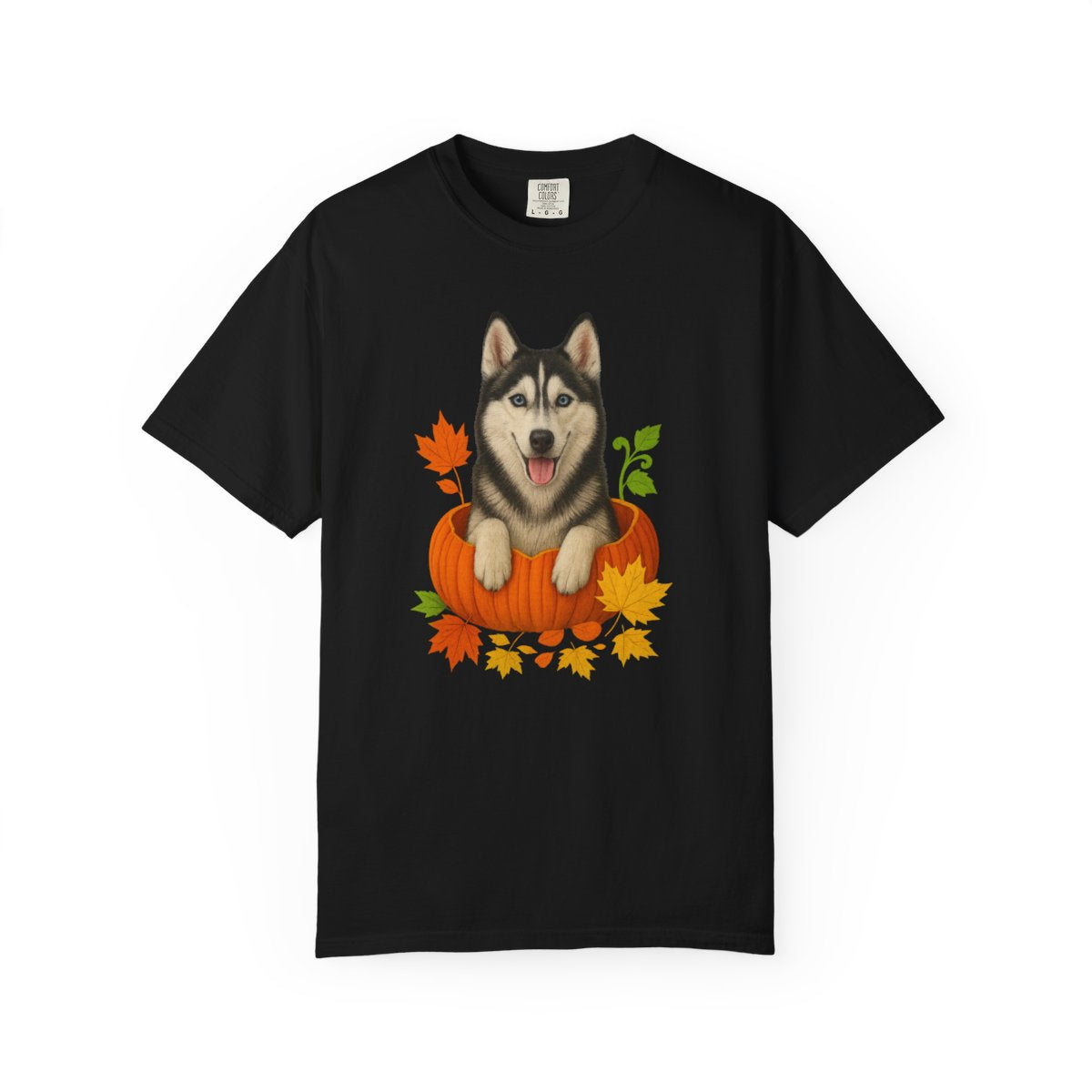 Husky Pumpkin Shirt, Cute Fall Dog Lover Tee with Siberian Husky and Autumn Leaves