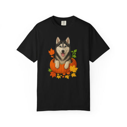 Husky Pumpkin Shirt, Cute Fall Dog Lover Tee with Siberian Husky and Autumn Leaves