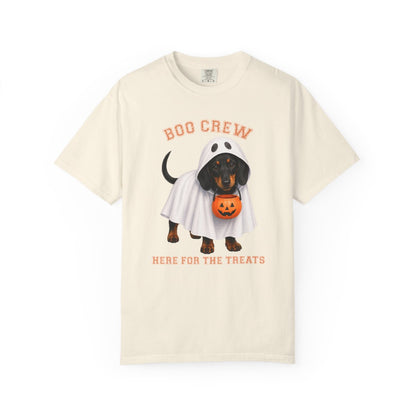 Black & Tan Dachshund Boo Crew Halloween Shirt, Here for the Treats Dog Mom Tee