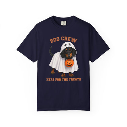 Black & Tan Dachshund Boo Crew Halloween Shirt, Here for the Treats Dog Mom Tee