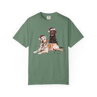 Load image into Gallery viewer, Yellow and Chocolate Labrador Christmas Shirt, Dog Santa Hat Tee, Festive Holiday Dog Art, Labrador Retriever Gift
