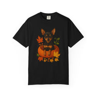 Load image into Gallery viewer, Black and Tan Chihuahua in Pumpkin Fall Shirt, Cute Autumn Dog Tee for Chihuahua Lovers
