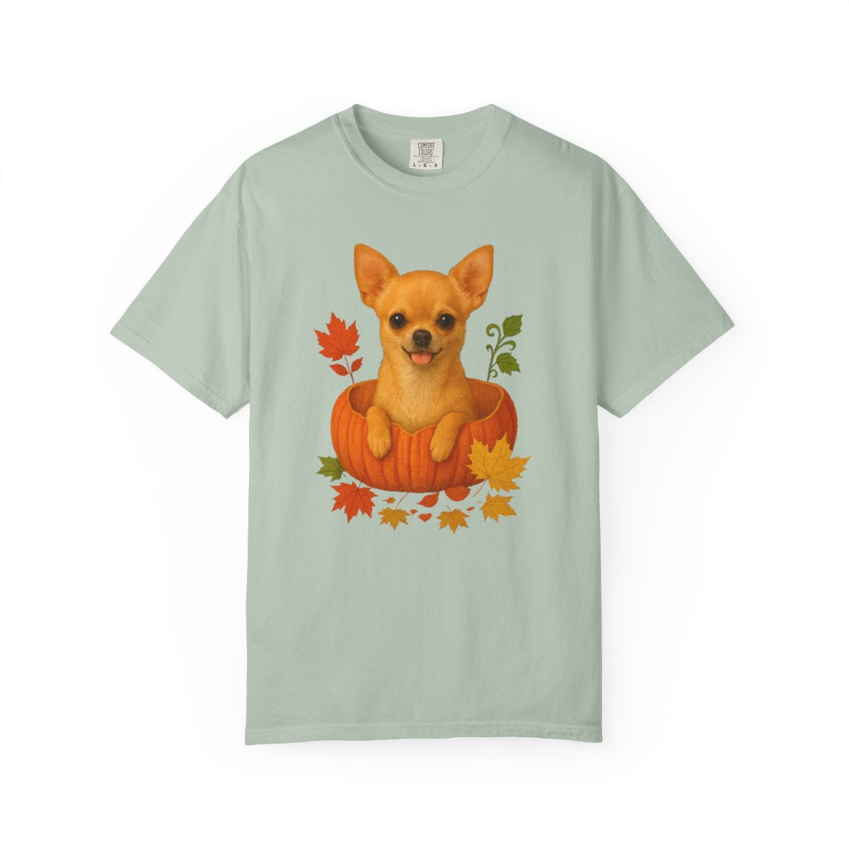 Tan Chihuahua in Pumpkin Fall Shirt, Cute Autumn Dog Tee for Chihuahua Moms