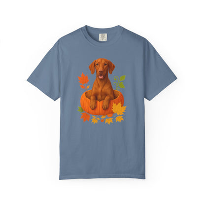 Vizsla Pumpkin Shirt, Cute Fall Dog Lover Tee with Vizsla and Autumn Leaves
