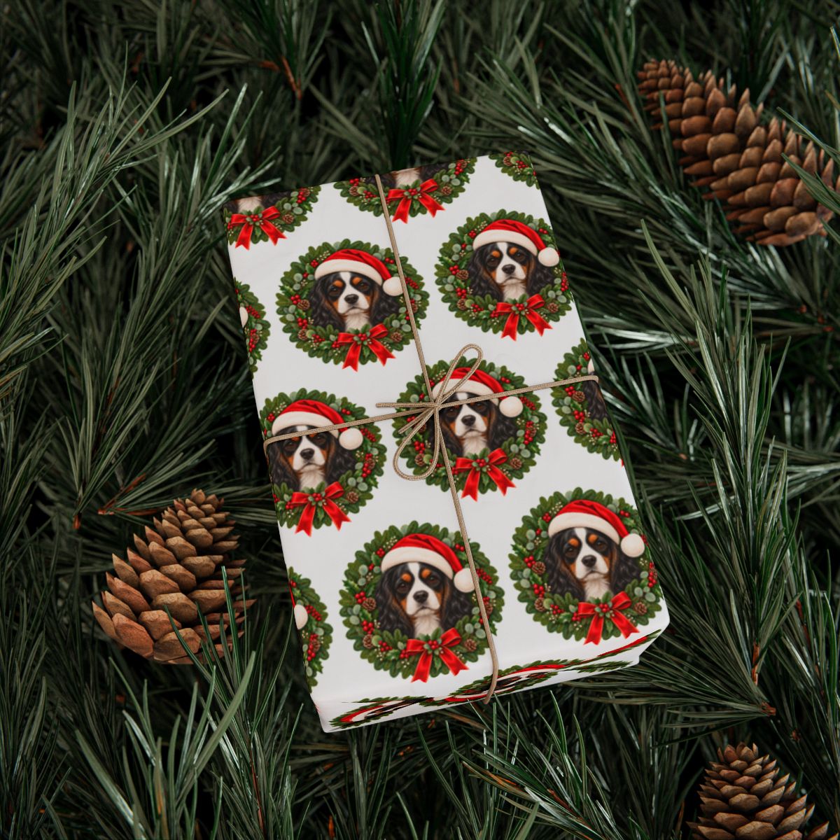 Tricolor Cavalier Christmas Wrapping Paper, King Charles Spaniel Gift Wrap for Dog Lovers