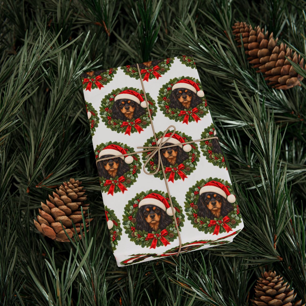 Black and Tan Cavalier Christmas Wrapping Paper, King Charles Spaniel Gift Wrap for Dog Lovers