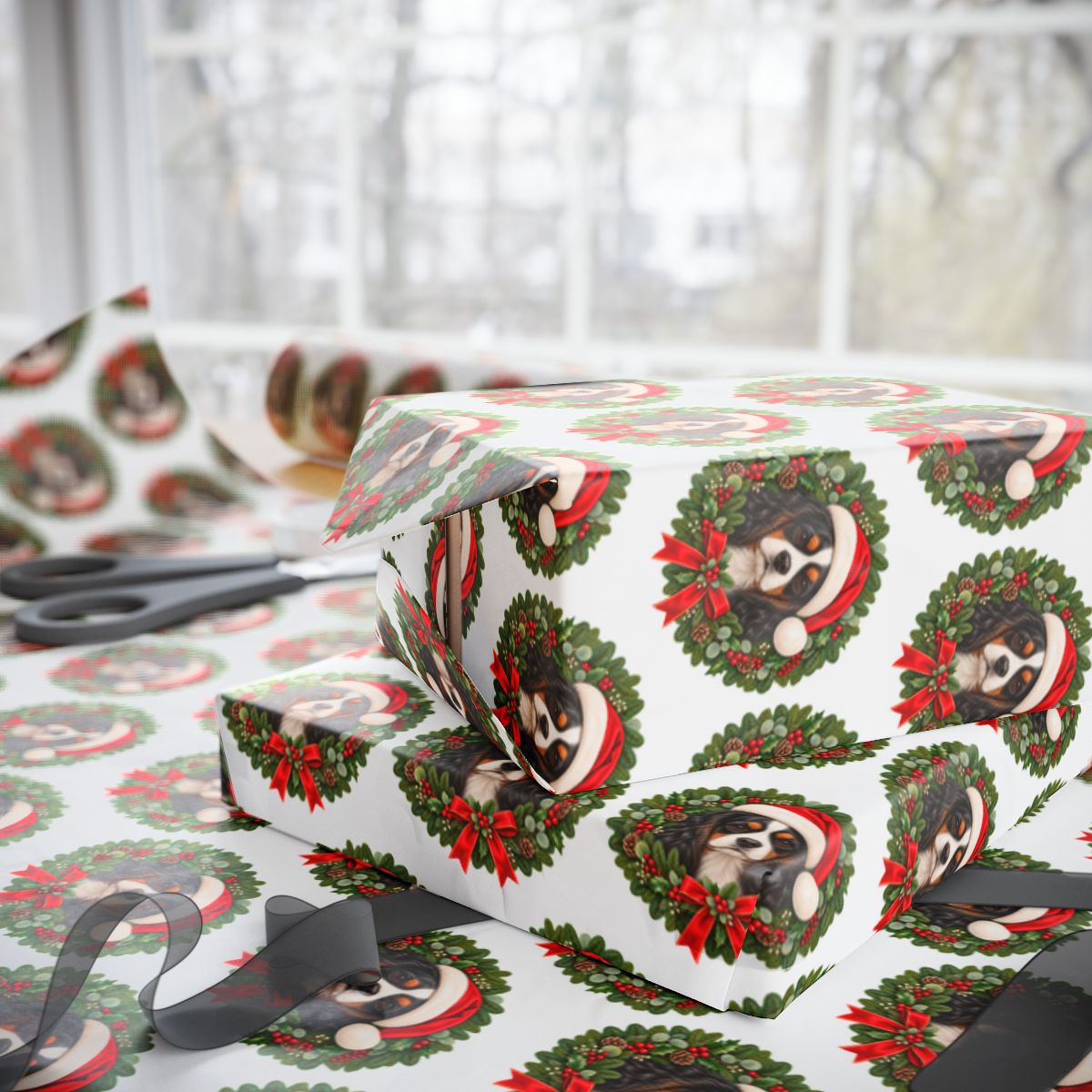 Tricolor Cavalier Christmas Wrapping Paper, King Charles Spaniel Gift Wrap for Dog Lovers